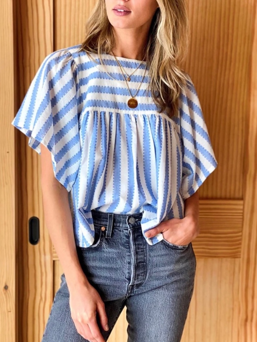 Emerson Fry India Collection Basalie Top Blouse Scallop Blue Stripe Small $118 - Picture 4 of 12